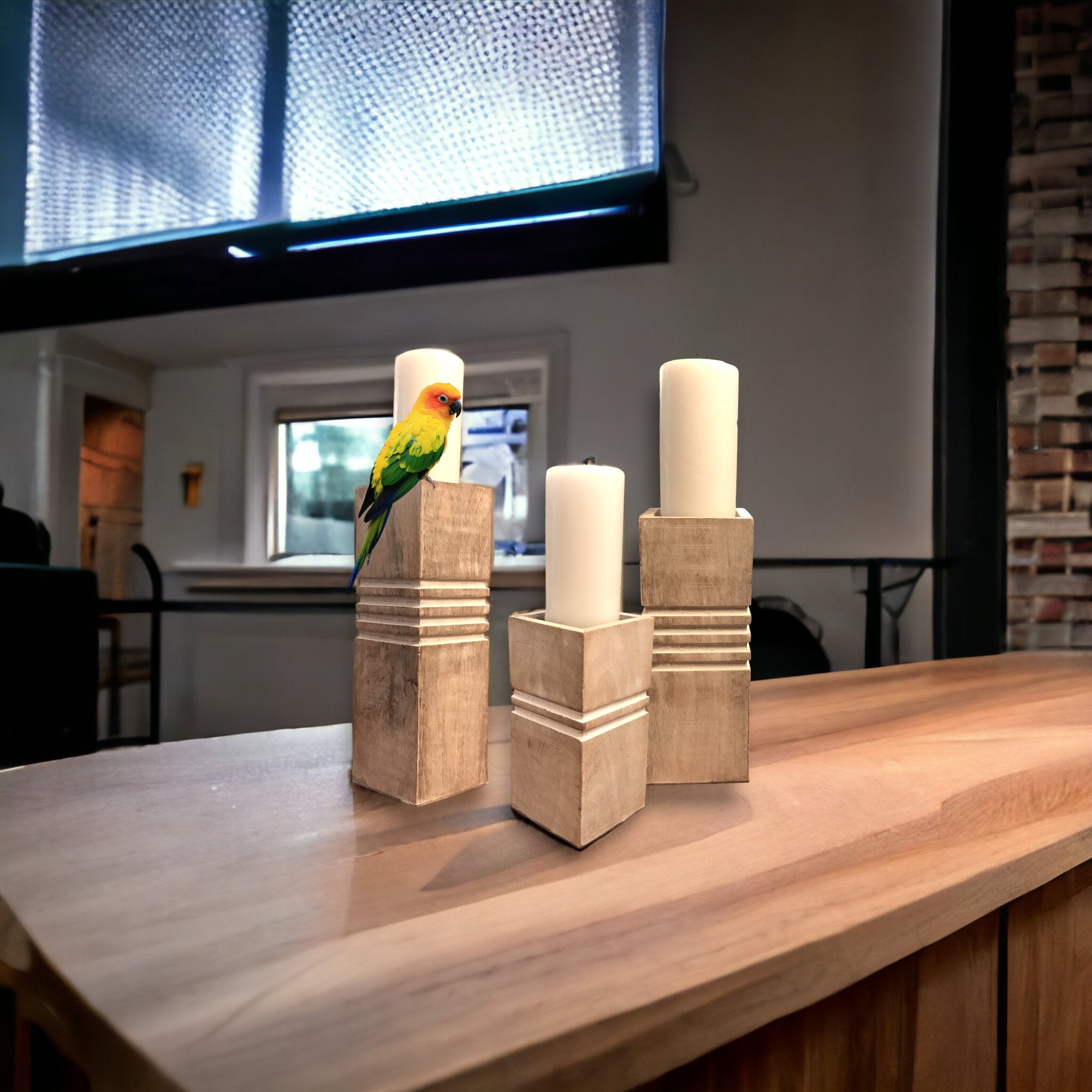 Set of 3 Mango Wood Cubic Pillar Candle Holders - HER Home Design Boutique